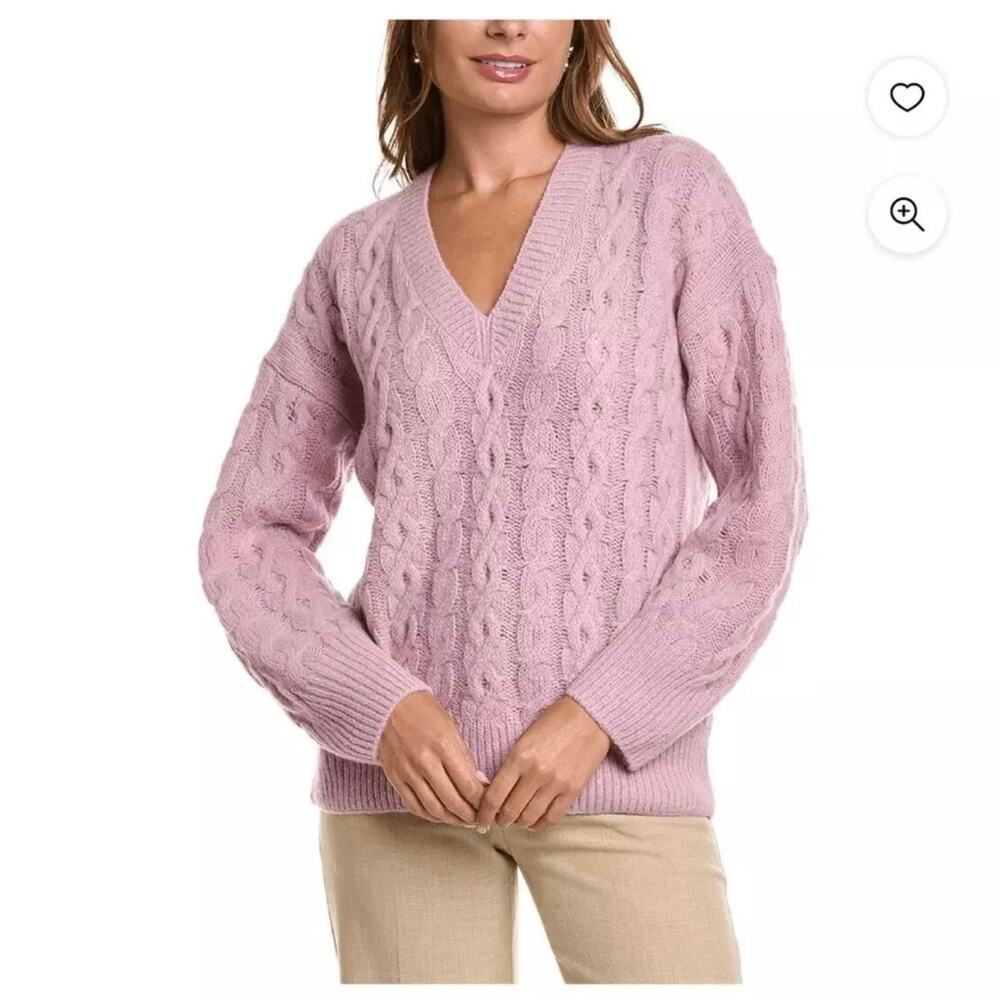 VINCE Alpaca Cable Knit V-Neck Sweater L Rose Lilac Pink SOFT msrp $395 Cozy